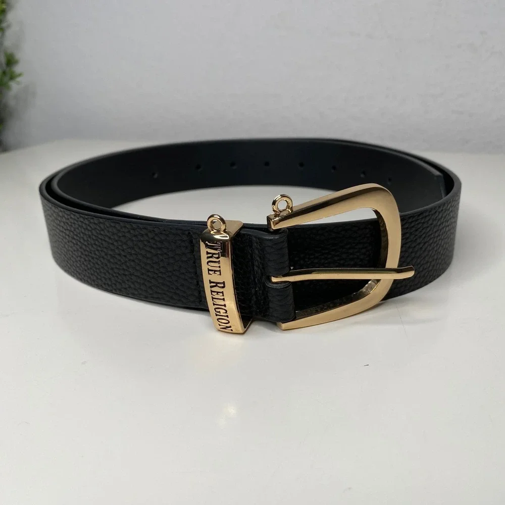 True Religion Textured‎ Vegan Leather Black Belt Gold Buckle Women's Size 38